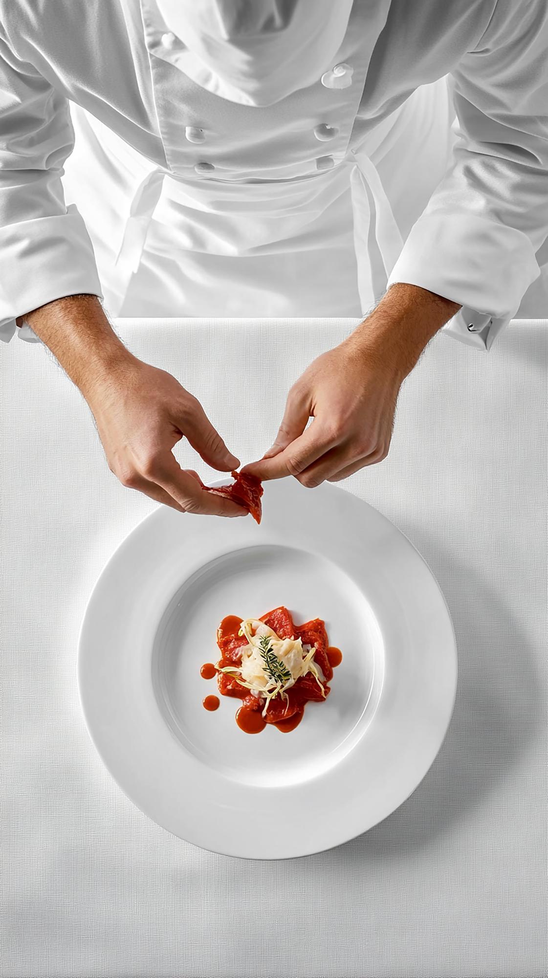 Chef preparing a plated dish in warm studio kitchen